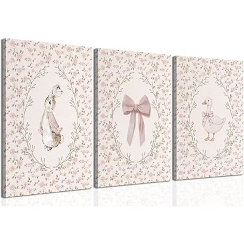 Baby Girl Nursery Wall Art Set of 3, Vintage Cottage Core Nursery Decor, Pink Bow Rabbit Goose Poster Print, Cute Floral Animal Canvas Pictures for Girls Room Kids Bedroom Framed 12x16 Inch