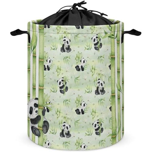 Brebasf Cartoon Watercolor Panda Collapsible Folding Washing Bin,Cute Nursery Baby Panda Bamboo Forest Print For Laundry Room, Balcony Dirty Clothes Basket-13.8"W X13.8"L X17.3"H