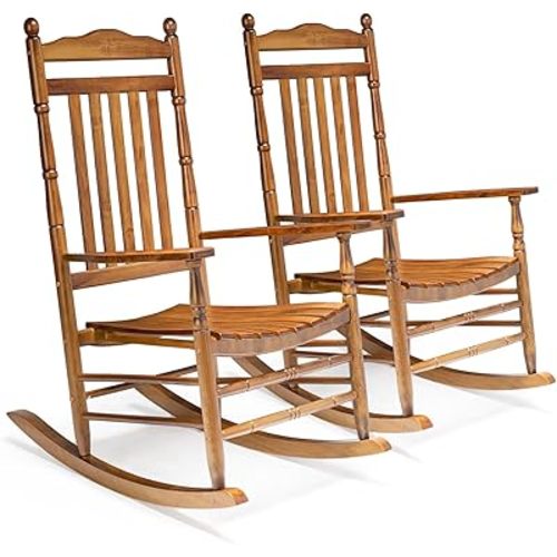 VINGLI 2 PCS Wood Rocking Chair Outdoor with 450 lbs Support, Outdoor Rocking Chair Set of 2, Solid Wood High Back Seat Reclining Seat for Deck, Garden, Backyard, Porch, Indoor or Outdoor Use, Teak