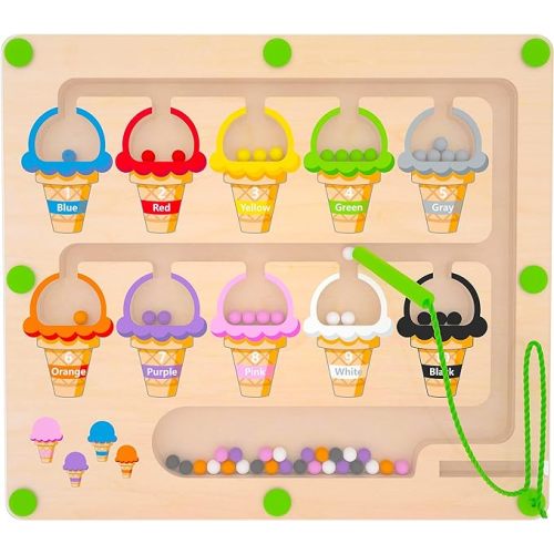 Magnetic Color & Number Maze - Montessori Wooden Color Matching Learning Counting Puzzle Board - Toddler Fine Motor Skills Toys for Boys Girls 3 4 5 Years Old - Ice Cream