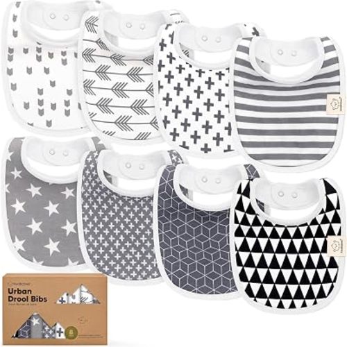 KeaBabies 8-Pack Organic Baby Bibs for Drooling and Teething (Grayscale)