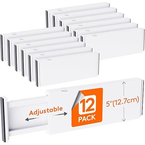 Lifewit 12 Pack Drawer Dividers Plastic 5" High, 13.5-22" Adjustable Drawer Organizers for Clothes, Expandable Dresser Separators in Bedroom/Bathroom/Kitchen/Fridge/Office Organization and Storage