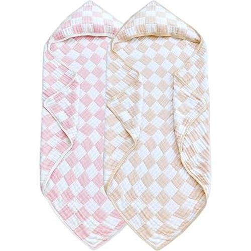 Ultra Soft Checkered Muslin Hooded Baby Towels for Newborn Boys and Girls 2 Pack 32x32 inch Cotton Muslin Baby Bath Towels for Newborns Toddlers,Newborn Essential (Cream and Pink)