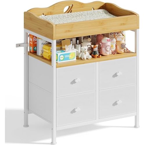 POKIPO Bamboo Changing Table Dresser with Sturdy Metal Frame, 4 Fabric Drawers, 3-in-1 Baby Dresser with Changing Table Top, Diaper Changing Station and Storage Organizer for Modern Nursery