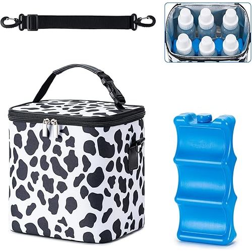BABEYER Breastmilk Cooler Bag with Ice Pack Fits 6 Baby Bottles Up to 9 Ounce, Baby Bottle Bag with Shoulder Strap for Nursing Mom Daycare, Cow