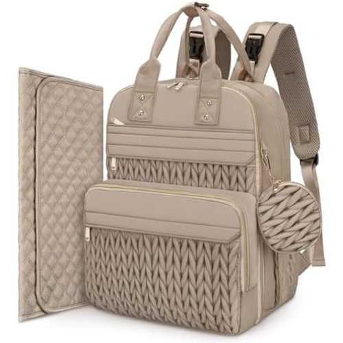 CandyHome Diaper Bag Backpack, Waterproof Stylish Baby Bag with Changing Pad, Large Capacity Travel Essentials Baby Diaper Bag with USB Port, Stroller Straps & Pacifier Case (Khaki)