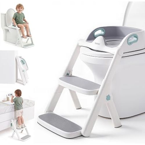 lalalark Potty Training Seat, 2-in-1 Toddler Toilet Seat with Steps, Upgrade Potty Step Stool for Toddler with Anti-Slip Pad Step Stool, Extended Splash Guard, Foldable Potty Ladder Boys Girls, Green