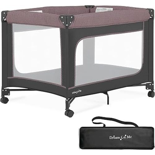 Dream On Me EZGo Portable Playard, Tool-Free Assembly, Easy One-Step Fold, Breathable Mesh Sides, Removable Mattress Pad & Smooth Locking Wheels, Travel Carry Bag Included – Pink & Black