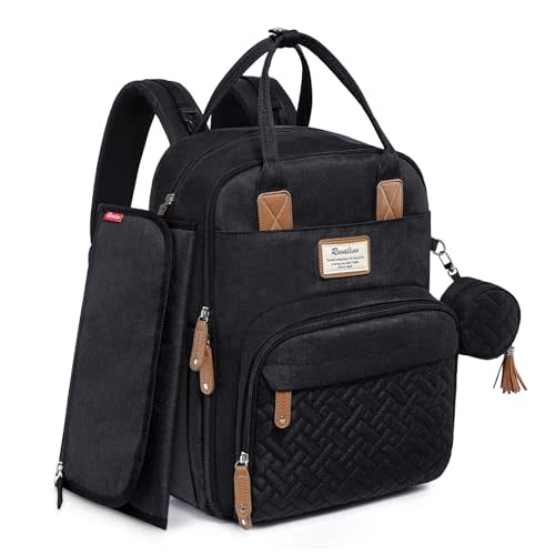 RUVALINO Diaper Bag Backpack, Multifunction Travel Pack Maternity Baby Changing Bags, Large Capacity, Waterproof, Black