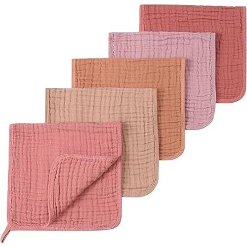 Muslin Burp Cloths 5 Pack Large 20x12 inches Baby Burping Cloths, 6-Layer 100% Cotton for Newborn Boys Girls, Ultra Soft & Absorbent (Pink & Coffee)