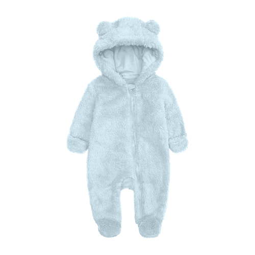 Teyfeniy Baby Fleece Footed Jumpsuit Hooded Newborn Footie Long Sleeve Cute Zipper Bear Ear Romper Fall Winter Fuzzy Bodysuit Toddler Solid Color Sleepwear Pajama for Infant, for 0-12M