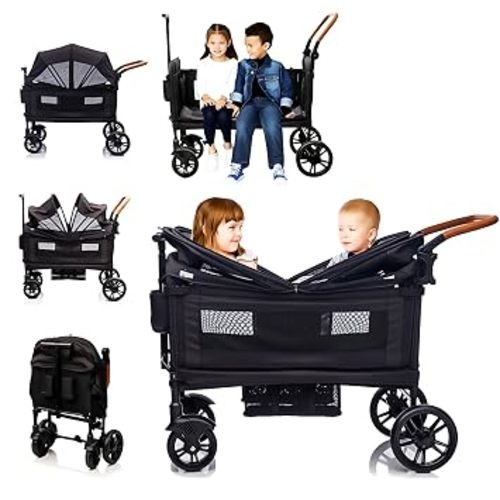 Luxury Wagon Stroller for 2 Kids & Cargo-Lightweight Foldable Travel Push Pull All-Terrain Double Wagon for 2 Toddlers with 5-Point Harness,Adjustable Handle,Canopy,Tray Table,Cup Holder