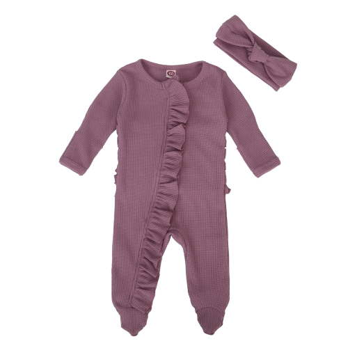MEZZALL Baby Girls Boys Jumpsuit Spring Fall Clothes Knit Ruffle Footies Romper With Headband Outfits Soft, 6-12 Months
