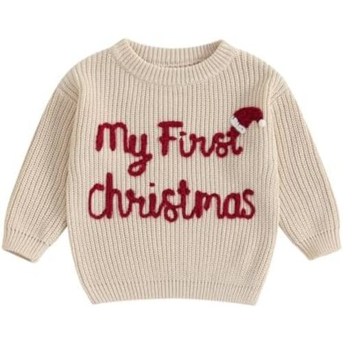 Infant Baby Girls Boy My First Christmas Sweater Embroidery Christmas Hat Crew Neck Pullover Long Sleeve Knitwear Tops