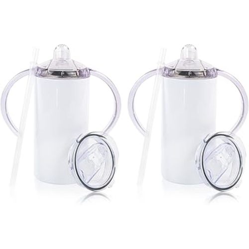 2 Pack Sublimation Blank Sippy Cup Tumblers with Handles Straight Stainless Steel Insulated Skinny Tumblers with Splash-proof Lid 12 oz Shatterproof Water Tumbler