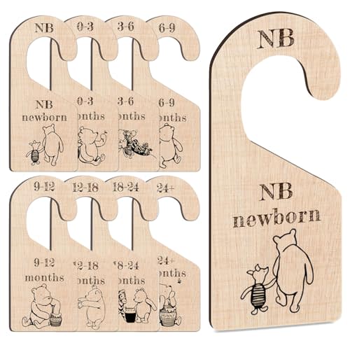 8Pcs Winnie Baby Closet Dividers for Newborn, Classic Winnie Baby Nursery Decor Wooden Hanger, the Pooh Clothes Dividers for Closet, Double-Sided Party Decor