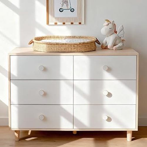 White Dresser for Bedroom, 6 Drawer Dressers with Solid Wood Legs, Baby Dresser for Kids, Storage for Clothes and Baby Essentials