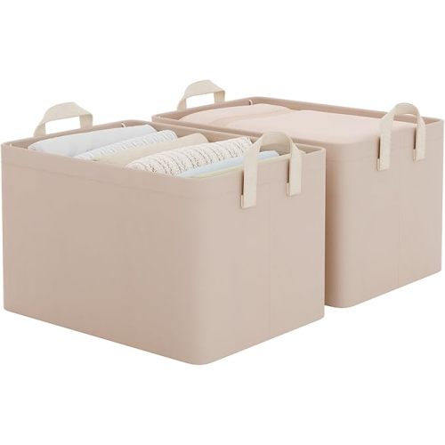 StorageWorks Fabric Storage Bins, Large Storage Baskets for Shelves, Closet Organizers and Storage Bins with Metal Frame, Handles, Beige, Cool Silky Fabric, 2-Pack