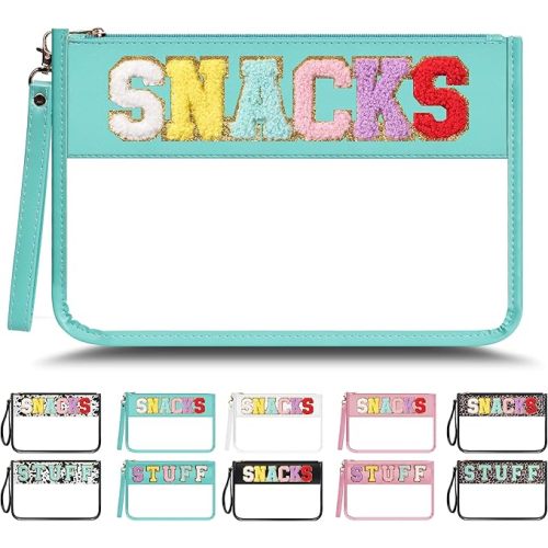 Chenille Letter Clear Zipper Pouch for Travel, Nylon Makeup Letter Bag, PVC Waterproof Cosmetic Bag, Snack Bags for Women Girls, Clear Stuff Bags For Travel(Green-Snacks)
