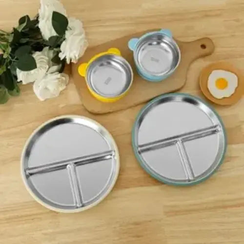 8 Pcs Stainless Steel Kids Plates and Bowls Set with Suction Stainless Steel Baby Plate, Toddler Bowls, Forks, Spoons with Removable Silicone Suction Silicone Baby Feeding Set, Dishwasher Safe https://www.walmart.com/ip/18446367599?sid=3f67f874-2619-453c-