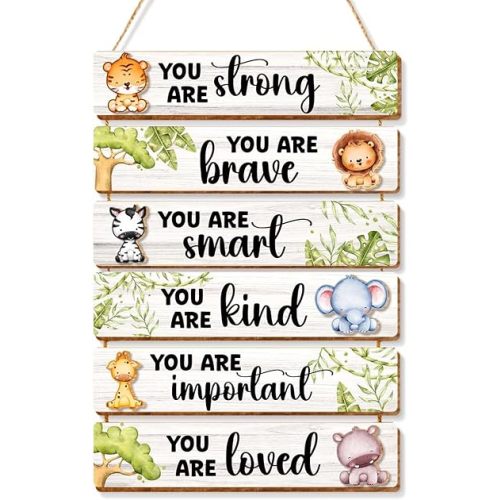 6 Pcs Jungle Animal Room Decor for Boys,Inspirational Wall Art for Kids Room,Positive Quote Wooden Hanging Signs for Kid Nursery Playroom Classroom Decor
