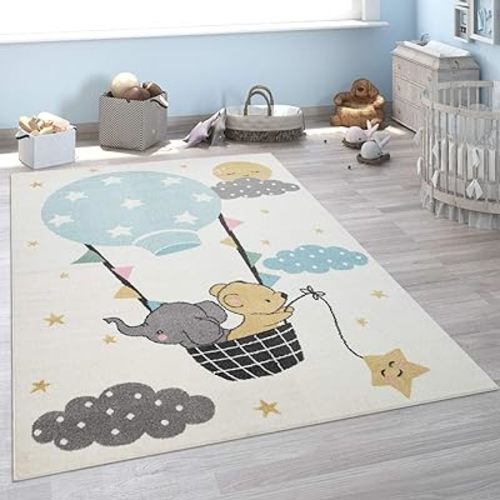 Paco Home Kid's Rug for Children's Bedroom with an Elephant, Bear and Balloon Motive in Beige, Size:4' x 5'3"