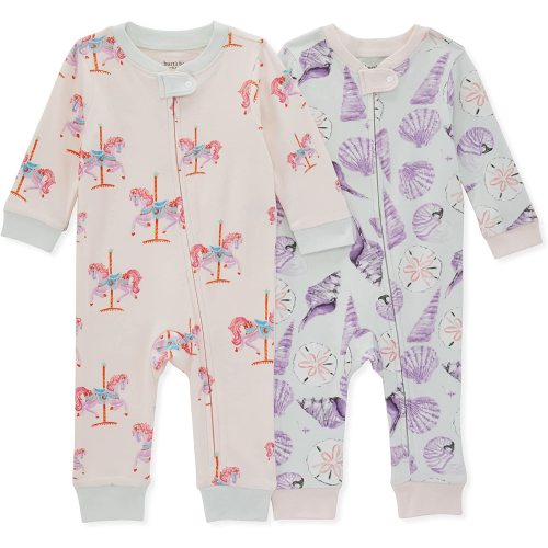 Burt's Bees Baby baby-girls Sleep and Play Pajamas, 100% Organic Cotton One-piece Romper Jumpsuit Zip Front Pjs - 6 Months - Carousel Horse 2-pk