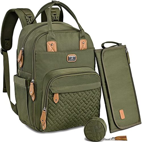 Dikaslon Diaper Bag Backpack with Portable Changing Pad, Pacifier Case and Stroller Straps, Large Unisex Baby Bags for Boys Girls, Multipurpose Travel Back Pack for Moms Dads, Army Green