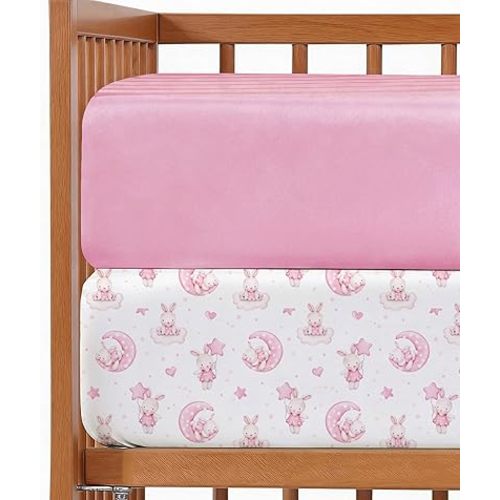 2-Pack Mini Crib Sheets Fitted - Pack N Play Sheets for Pack and Play Mattress - Stretchy Soft Microfiber Playard Bedding - Mini Toddler Bed Cover for Boys & Girls - Oeko-Tex - 38 x 24in, Bunny Dream
