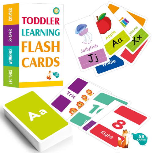 Toddler Flash Cards, Set of 58 Alphabet, Letters, Colors, Shapes and Numbers, Baby Learning Cards, Educational, Preschool, Toddler Flashcards, Double-Sided, for Toddlers 1-4 Years