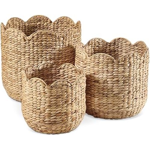 Best Choice Products 3pc Water Hyacinth Scalloped Multipurpose Nesting Baskets, Storage Bin Organization Totes for Living Room, Bedroom, Nursery, Laundry Room - Natural