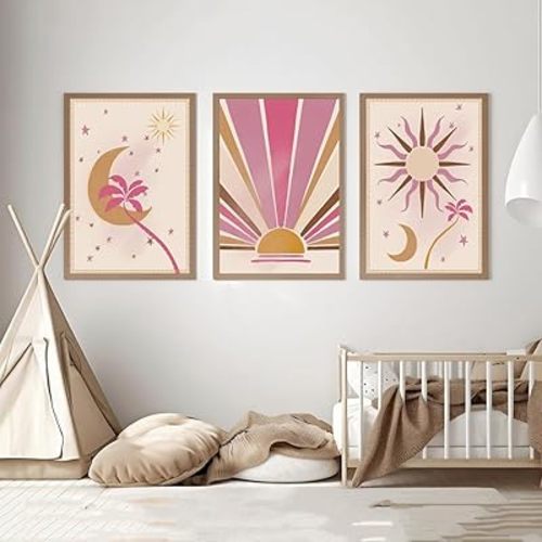 Kailitry Celestial Nursery Wall Art Canvas Prints Sky Stars Sun Moon Paintings Posters Boho Print Child Wall Pictures Kids Bedroom Decor 12x16Inchx3pcs Unframed