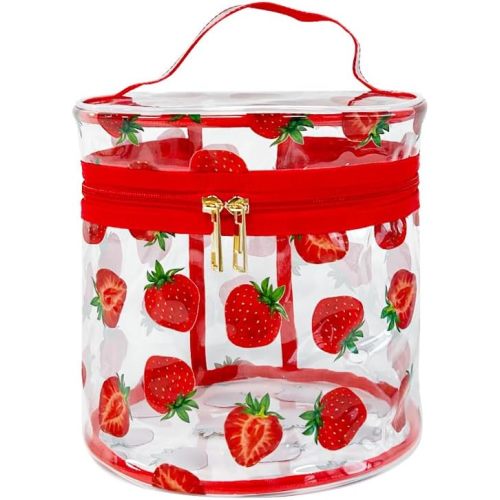 Printed strawberry pattern Clear vinyl Travel Makeup Bag,Portable Waterproof Pouch with Handle Ideal for Women and Girl (strawberry design) A23031
