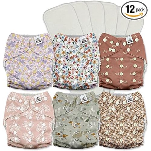 Mama Koala 3.0 Pocket Cloth Diapers for Babies with AWJ Lining, 6 Pack with 6 5-Layer Natural Cloth Diaper Inserts - Reusable and Washable Pocket Diapers(A-Wild Flowers)