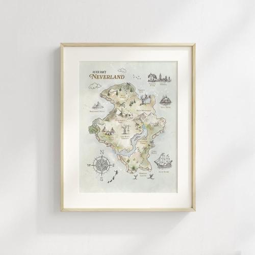 Peter Pan Neverland Map Art Print, Peter Pan Art Prints, Neverland Map, Watercolor Art, Nursery Art, Baby Shower Gift, Kids Room Print