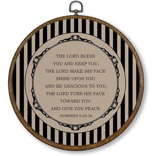 Qskjre Vintage Christian Wall Art Decor, Black Striped Bible Verse Numbers 6:24-26 Round Wood Framed Canvas Wall Artwork, Religious Hanging Prints for Living Prayer Room Gallery Decorations, 10x10in