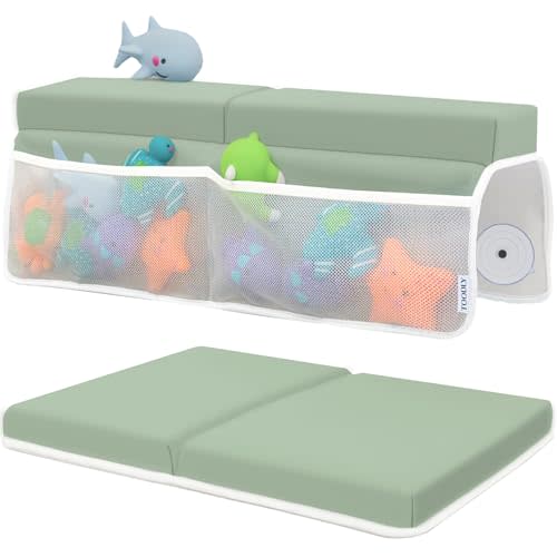 Comfortable Baby Bath Kneeler and Elbow Rest Pad Set Thick Memory Foam Bath Kneeling Pad with Elbow Support Baby Bathtub Cushion with Toy Organizer for Bathing Infant or Toddler - Green