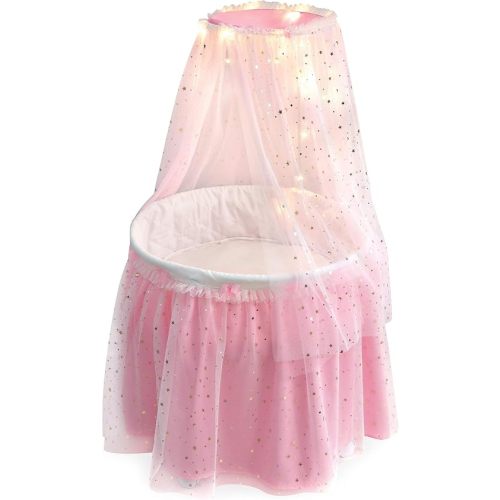 Badger Basket Enchanting Sweet Dreams Round Doll Bassinet with Canopy and LED Lights for 18-Inch Dolls – A Magical Sleeping Space