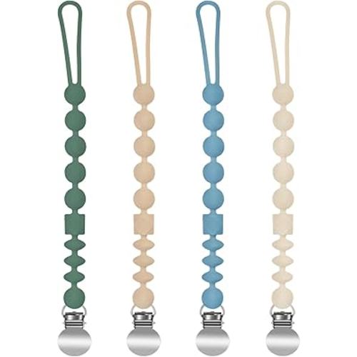Silicone Pacifier Clips for Boys, 4 Pack One Piece Soft Flexible Pacifier Holder Clip Binky Clips for Boys