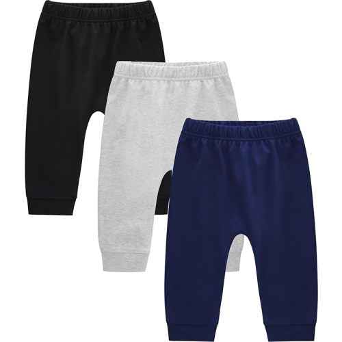 Baby Boys Cotton Pants, 3-Pack Infant Joggers, Sweatpants, Newborn to 18 Months
