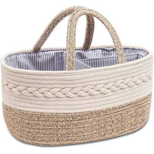 Woven Cotton Rope Diaper Caddy: Nursery Storage Basket with Removable Divider