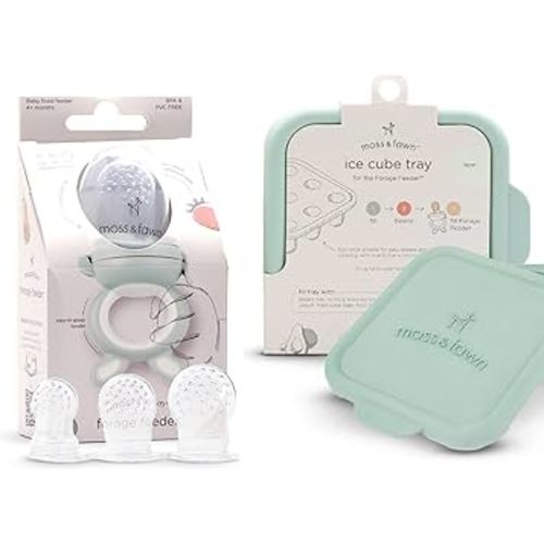 Moss and Fawn Baby's First Bites Bundle - Silicone Frozen Breast Milk Popsicle Kit with Forage Feeder & Teething Popsicle Ice Cube Tray - BPA, PVC, & Lead-Free - Fern