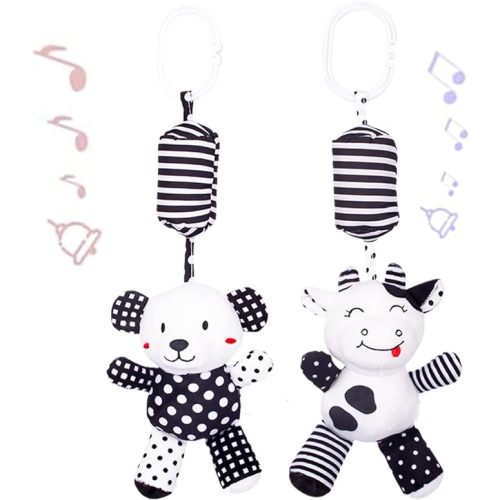 Baby Car Seat Toys, Black White Stroller Toy, Hanging Rattle Toys for Crib Mobile, Newborn Sensory Toy for 0-12 Months (Calf/Panda)