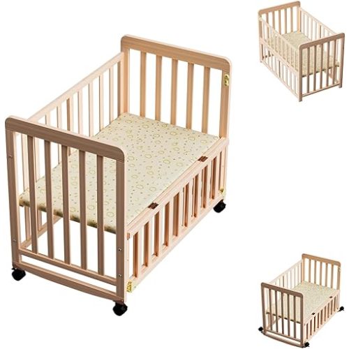 3-in-1 Mini Baby Crib - Baby Bassinets Bedside Sleeper, Solid Pine Wood Baby Bed with Adjustable Height, Natural Small Crib with Mattress & Lockable Wheels for Infant Baby Newborn