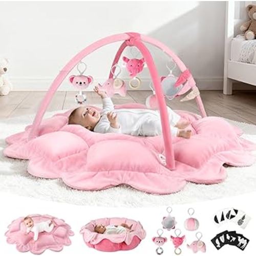 Omzer 5-in-1 Convertible Baby Play Gym - Tummy Time Mat with 5 Detachable Toys & Cards Promote Motor Skills & Sensory Development - Non Slip & Washable Baby Activity Mat for Newborn & Infant Gift,Pink