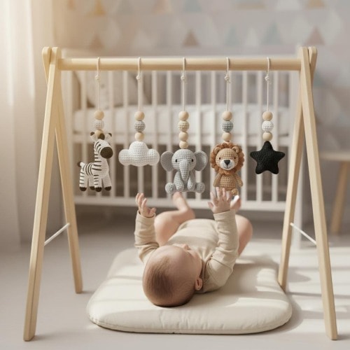 Handmade Custom Safari Baby Gym | Personalized Wooden Play Gym with Crochet Jungle Theme Toys | Modern Neutral Nursery
