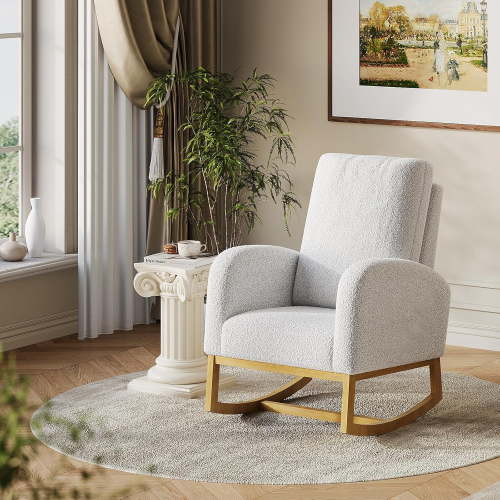 Luku Upholstered Rocking Chair Nursery Accent Chair with Wood Legs and Side Pockets