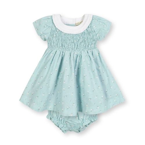 Hope & Henry Baby Short Sleeve Linen Dress with Ruffle Collar, Infant
