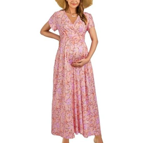OUGES Maternity Maxi Dress Wrap Baby Shower Pregnancy Dresses for Photoshoot Maternity Outfits Summer Clothes 2026