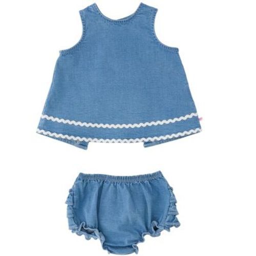 RuffleButts Girls Stretch Denim Ric Rac Swing Top and Bloomer Set - Light Wash, 6-12m